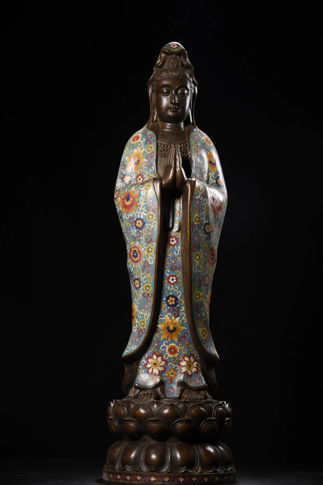 

32"Tibetan Temple Collection Old Bronze Cloisonne Enamel Guanyin Bodhisattva Standing Buddha Lotus Platform Worship Hall