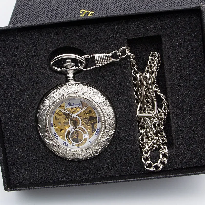 

Fashion Skeleton Watches Steampunk Silver Classic Vintage Mechanical Pocket Watch Best Gift Box for Men Women PJX1369