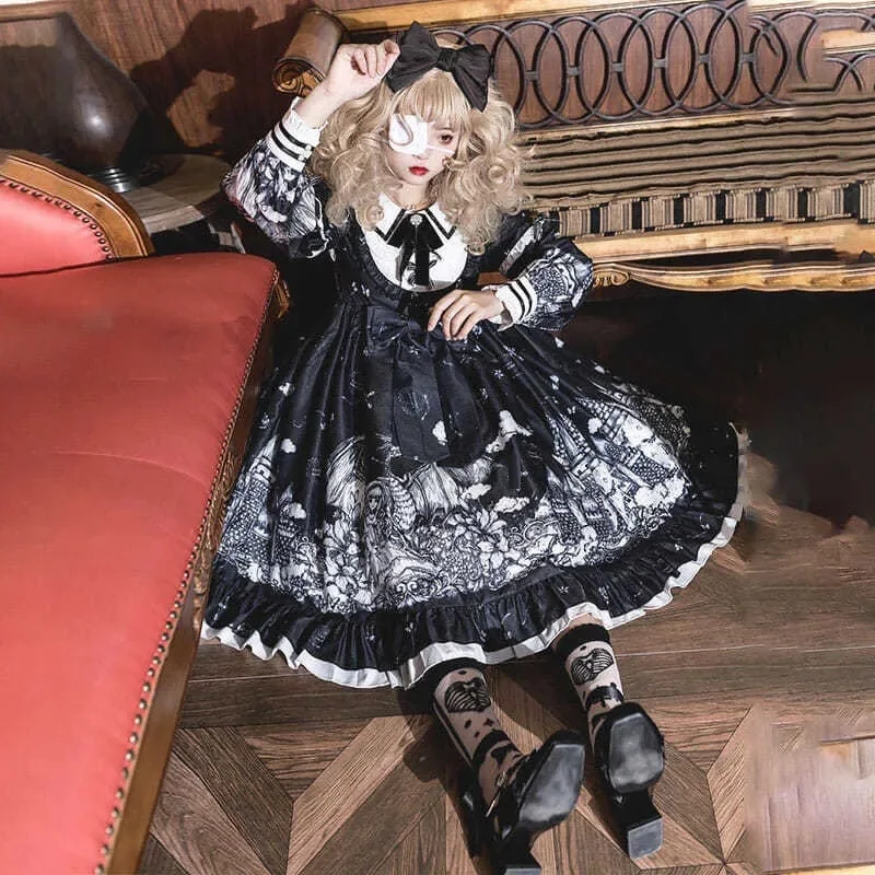 Plus Size 4XL 140kg Autumn Lolita Dress Women Long Sleeve High Waist Black Dark Dresse Butterfly Princess Print Dress