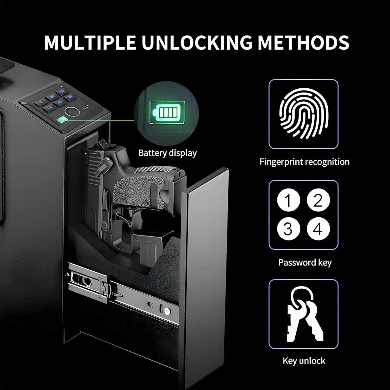 Biometric Fingerprint Mountable Gun Safe, Passcode, Keys and Quick Access Auto Pop，Gun Safe for Nightstand, Desk, Bed Side