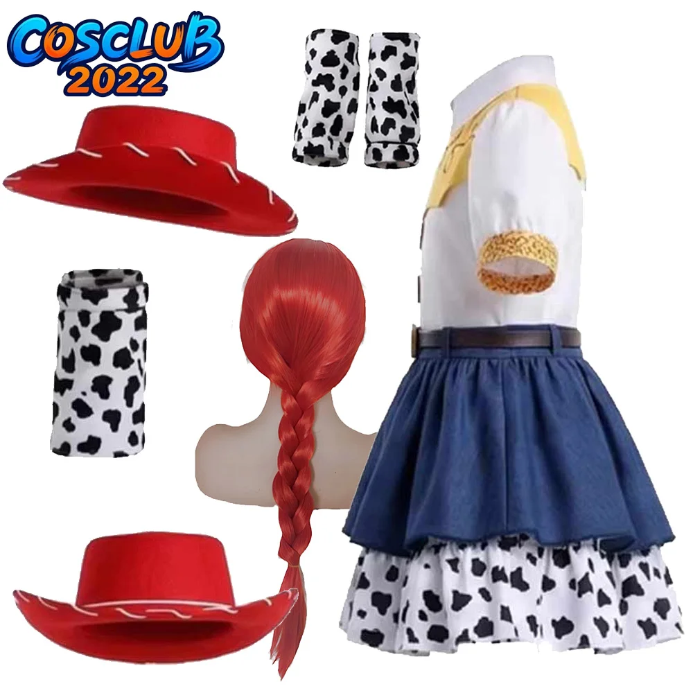 

Jessie Cosplay Costume Red Hat Wigs Cartoon Movie Roleplay Clothing Dress Leg Covers Suit Carnival Halloween Fantasia Outfits