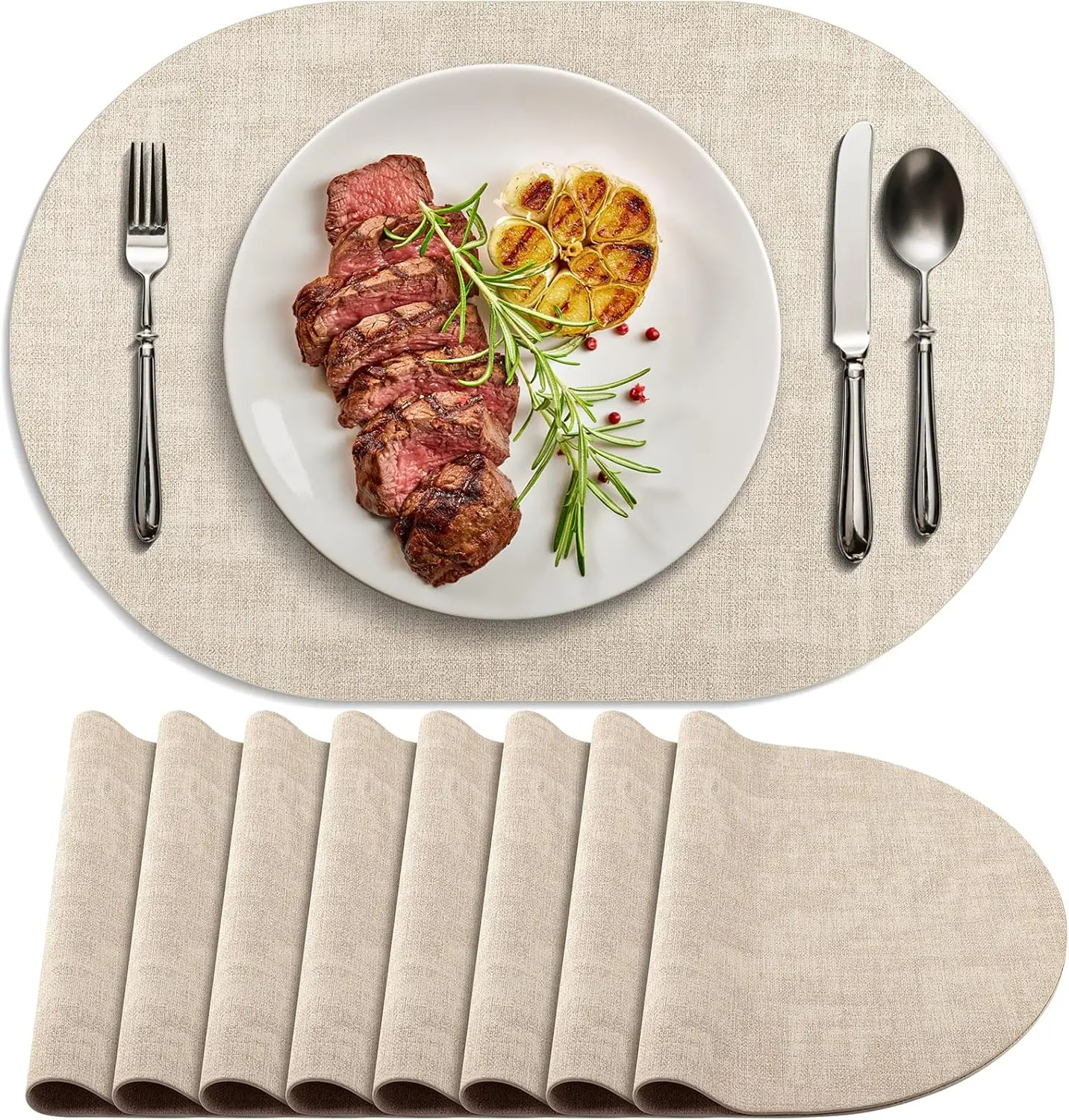 Paquete de 8 Manteles Individuales Ovalados de Cuero de Doble Capa, Antideslizantes y Resistentes al Calor, Impermeables y Fáciles de Limpiar, Beige