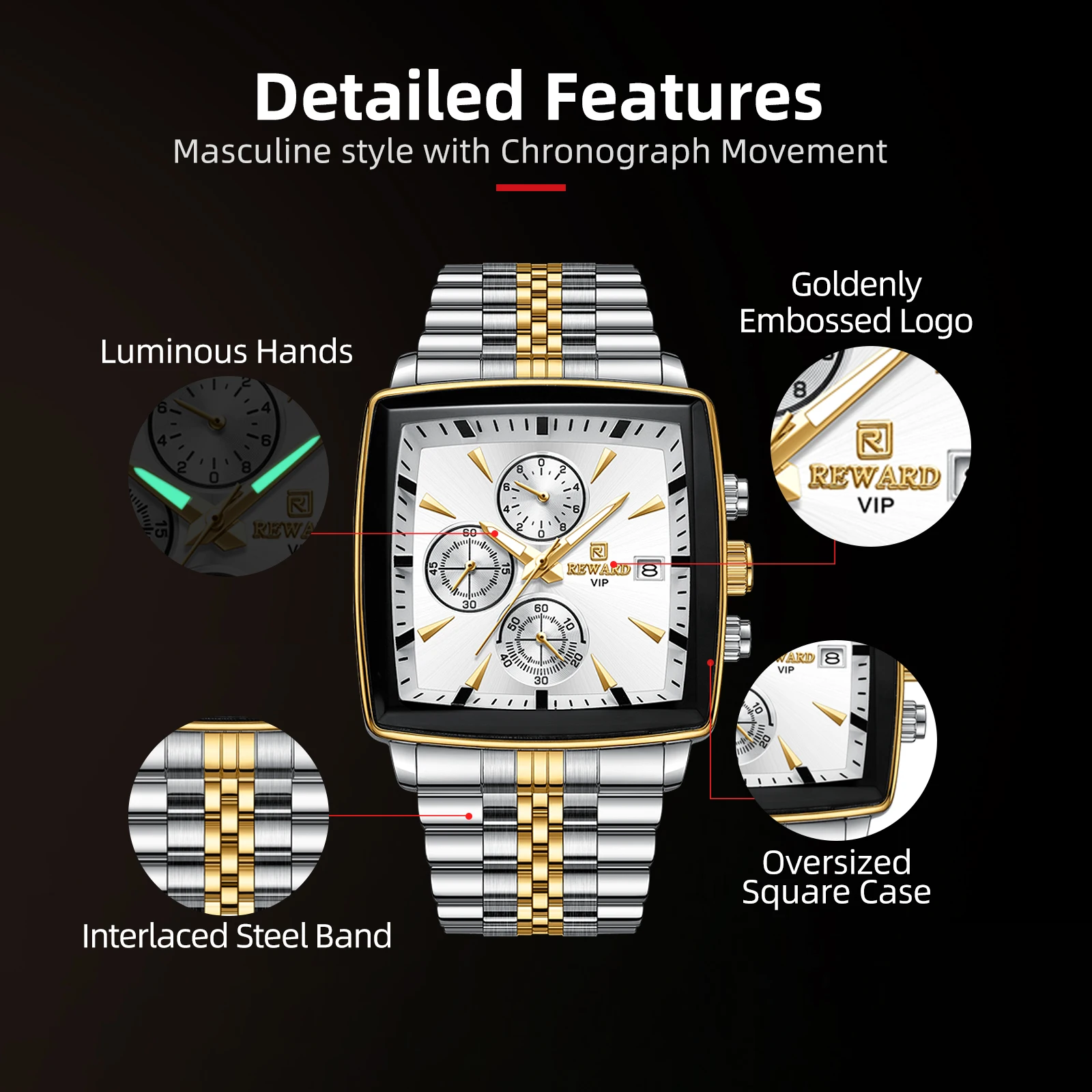 New REWARD VIP Watches Man Stainless Steel Wristwatch for Men Fashion Sports Waterproof Watch with Luminous Chronograph Date