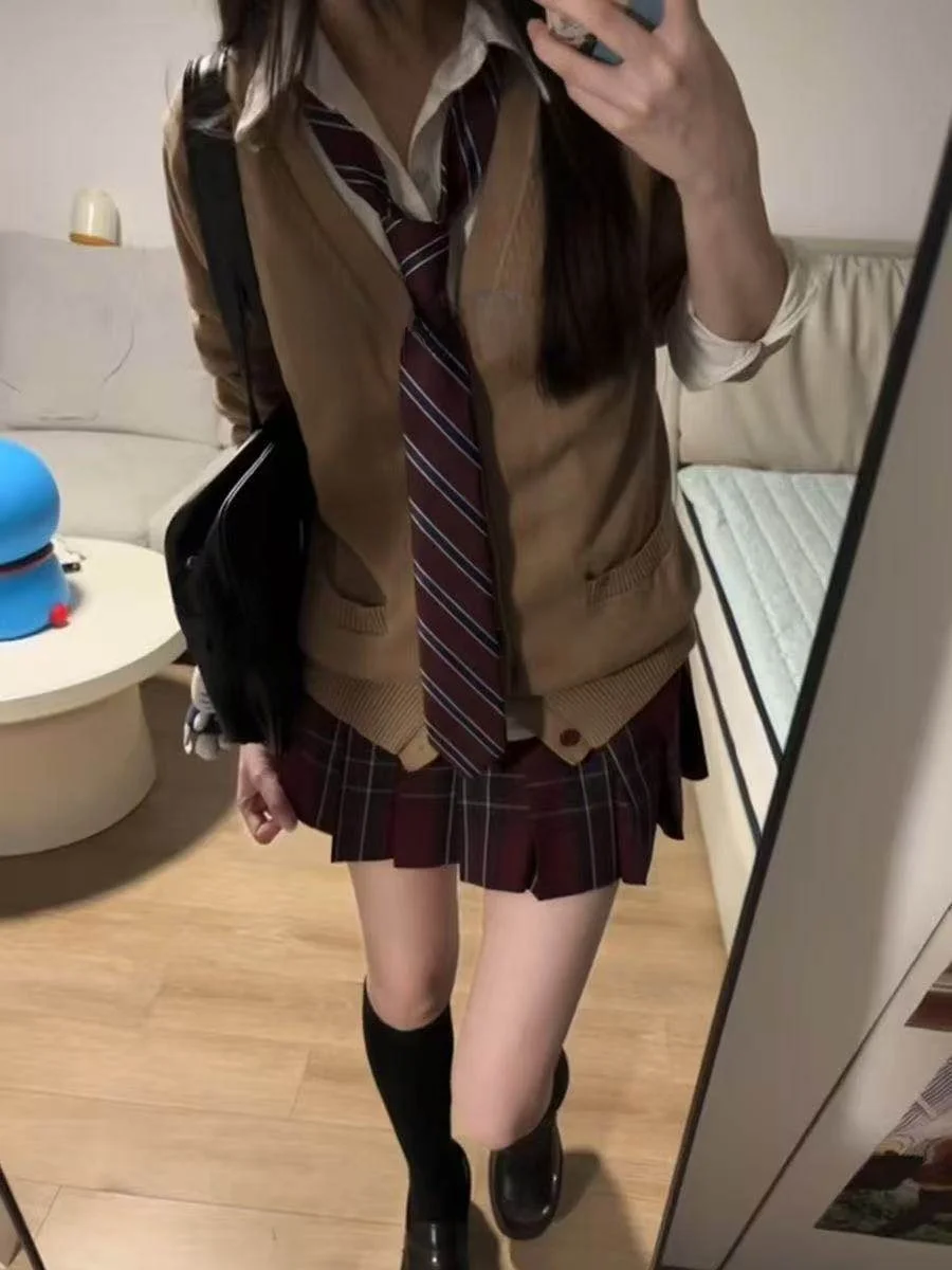 Conjunto de Suéter Tejido para Uniforme Escolar Femenino, Chaqueta Cárdigan de Manga Larga, Color Té, Estilo Universitario a ...