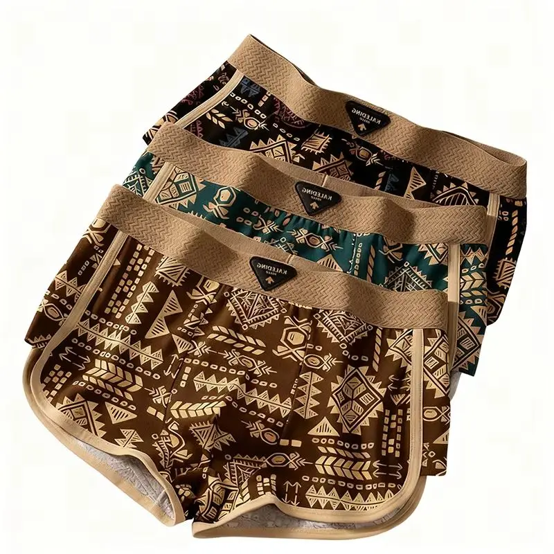 3Pcs Men's Boxer Briefs Retro Ethnic Style Print Underwear Soft Breathable Trunks Comfortable Stretch Daily Sleep Lounge Shorts