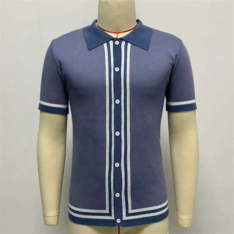 Summer Men\'s Luxury Knitted Patchwork Polo Shirts Short Sleeve Button-down Shirts for Men Vintage Business Slim Polos Knitwear