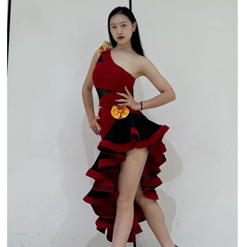 New Latin Dance Performance Costume Oblique Shoulder Flower Dress Rumba Dance Dress Adult Latin Competition Clothing DNV19044