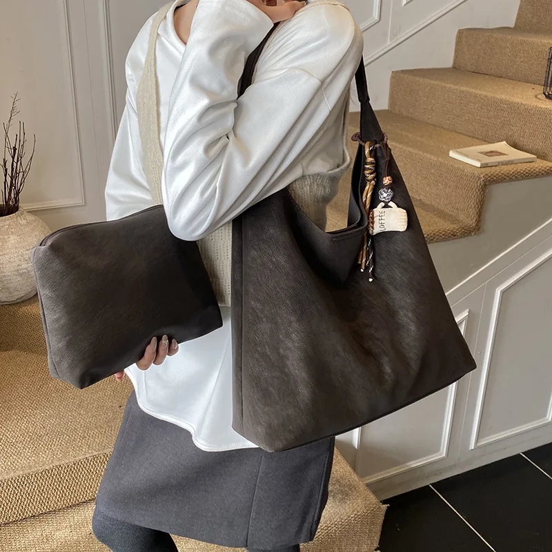 

New Large Capacity Solid Color Vintage Korean Style Suede Shoulder Bag Lazy Mother Daughter Composite Bag Versatile Storage Bags
