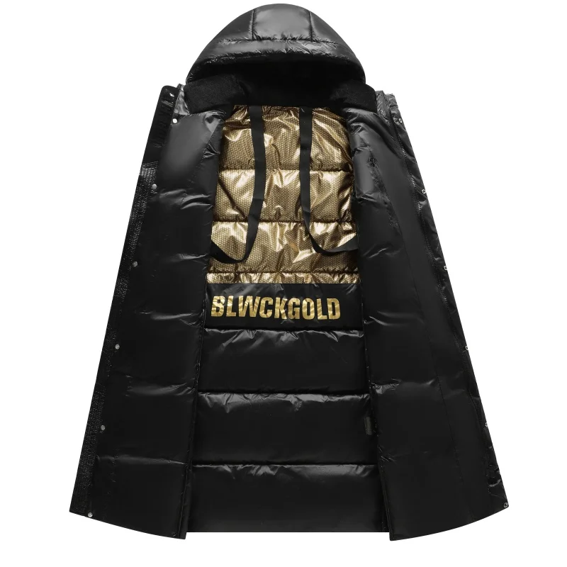 

Faionable Hooded Mid-Length Jaet Couple Warmth Luminous Surface Polyester Fiber White Du down Filling Spring Season