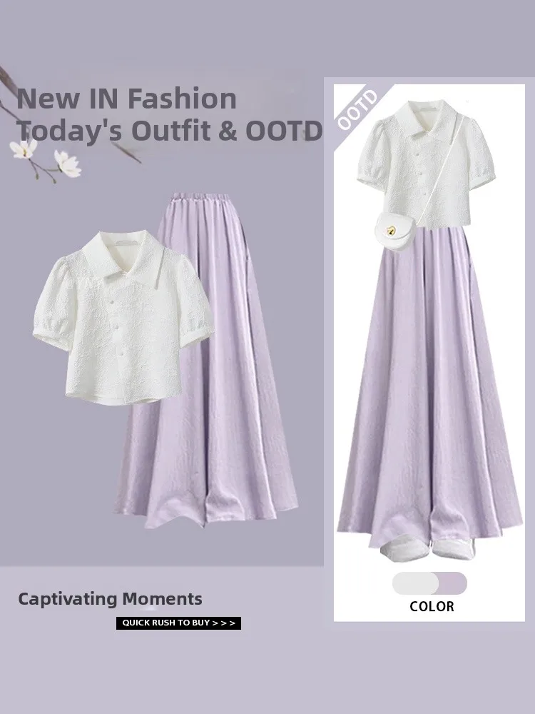 

New Chinese Sle Button up Top Loose Fit Slimming High Waist Skirt Pants Two Piece Set Faionable Casual Wear for Women