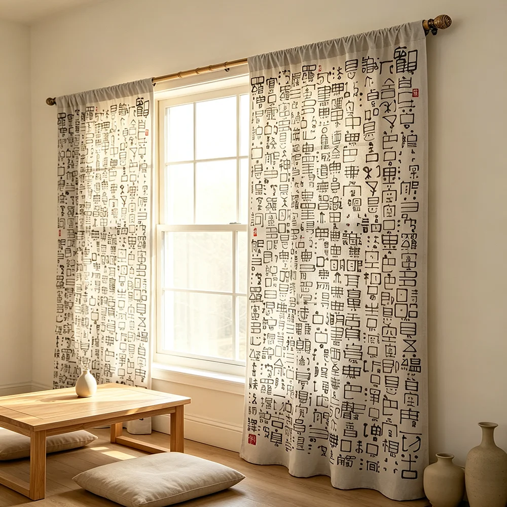 2PCS Digital Print Curtains Chinese Ancient Seal Script Calligraphy Print Oriental Study Living Room Window Drapes
