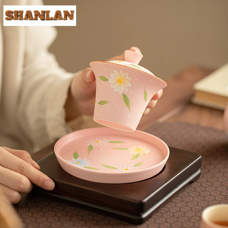 120ml Luxury Pure Hand-painted Small Daisy Gaiwan Japanese Powder Yin Tea Tureen Tea Maker Cover Bowl For Tea Accessories Gift