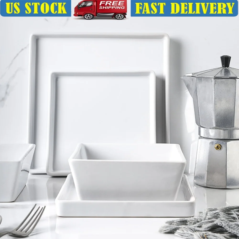 

Minimalist Square Stoneware Dinnerware Set 12-Piece Service 4 Dishwasher Microwave Safe Elegant Dining Gift