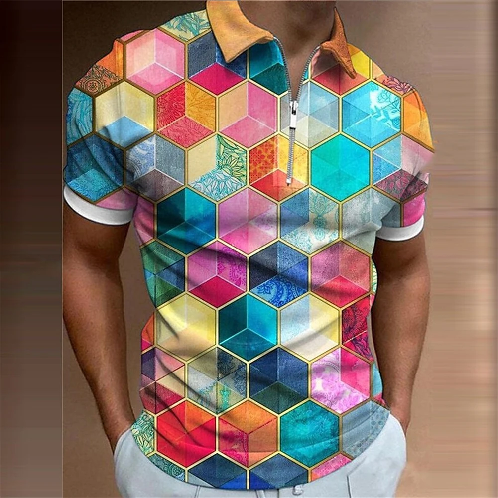 Rainbow Polo Shirt For Men Colorful Print Golf Top Tee Fashion Casual High Quality Men Clothing Loose Oversized Zip Polo T-Shirt