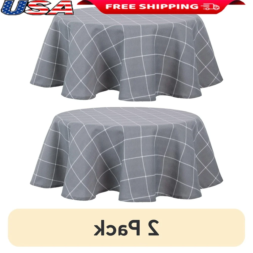 

2 Pack 70 Inch Round Windowpane Fabric Tablecloth Grey Cotton Polyester Easy Care Machine Washable Dining Event Decor