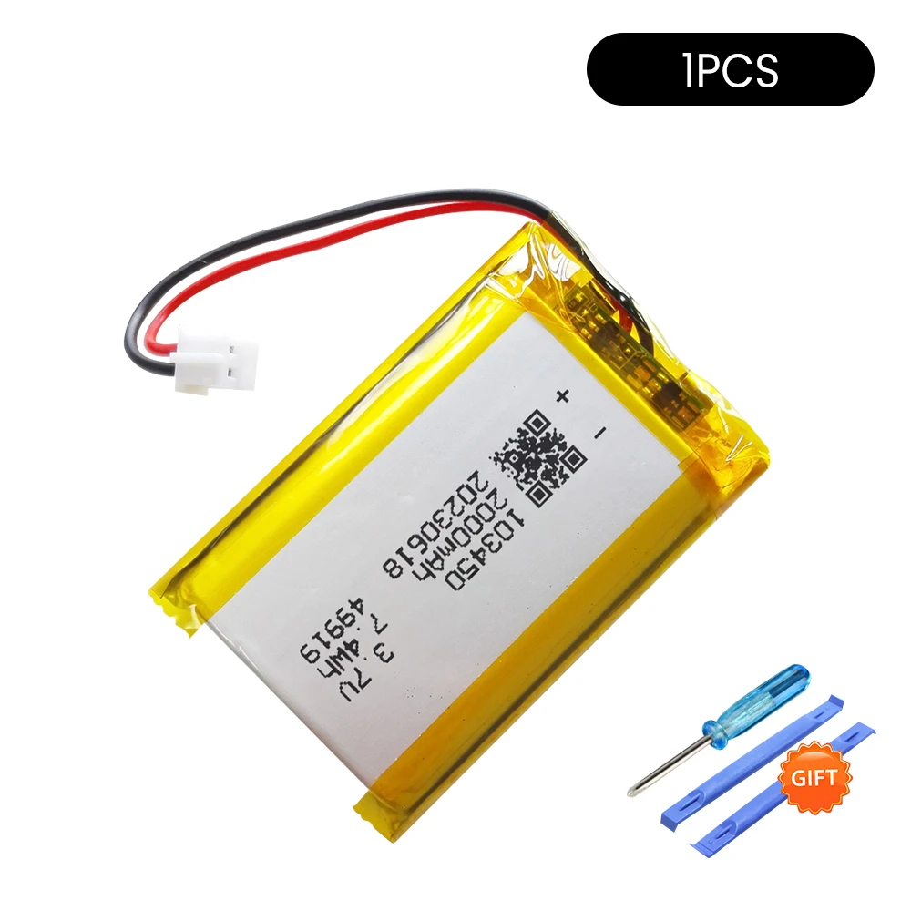 103450 3.7V 2000mAh Polymer Lithium Rechargeable Battery for Camera GPS navigator MP5 Bluetooth Headset  jst PH 2.0mm 2pin plug