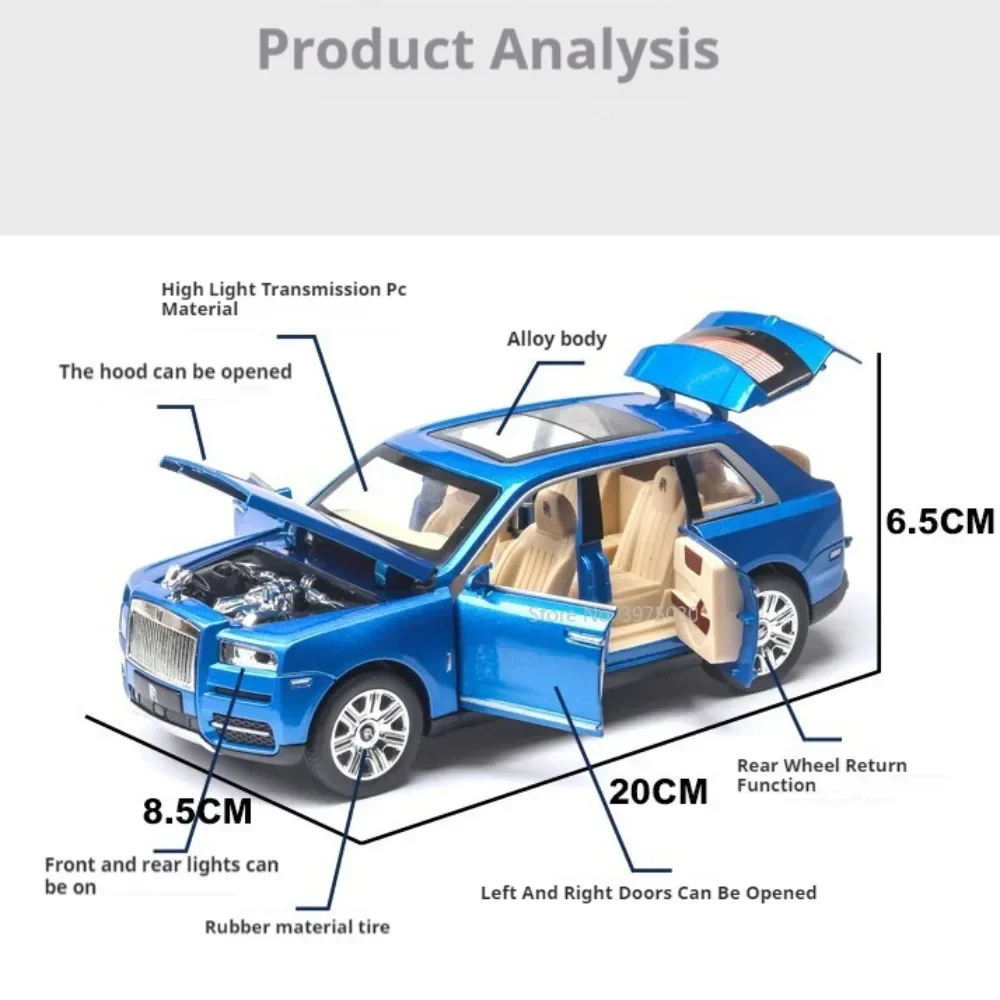 1:24 سبيكة رولز رويس كولينان SUV لعبة سيارات مصغرة نموذج دييكاست مع ضوء الصوت 6 أبواب مفتوحة لعب سيارة هدايا للأولاد