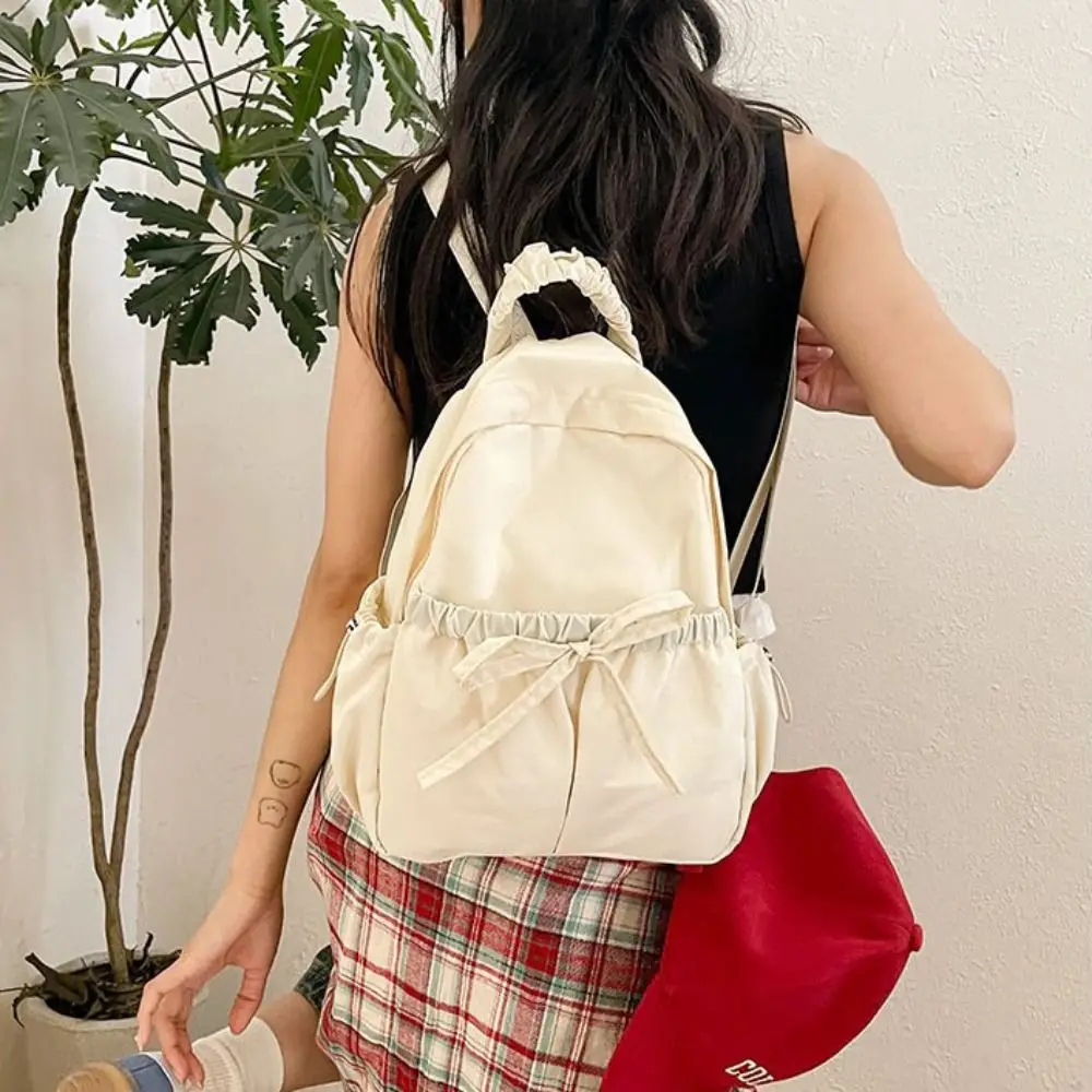 

Casual Handbag Bow Backpack Solid Color Wrinkle Nylon Backpack Korean Style School Bag Shoulders Bag Women