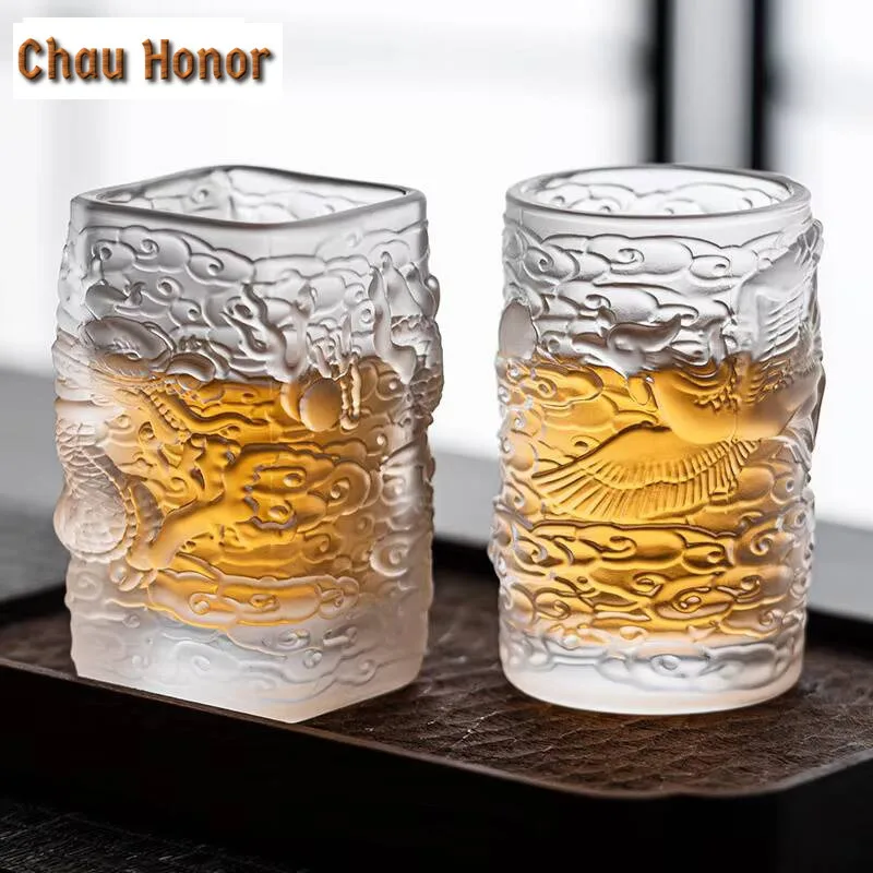 High End Dragon and Phoenix Glass Tea Cup Handamde Azure Stone Master Cup Couple Water Mug Small Chazhan Kung Fu Tea Set Gifts