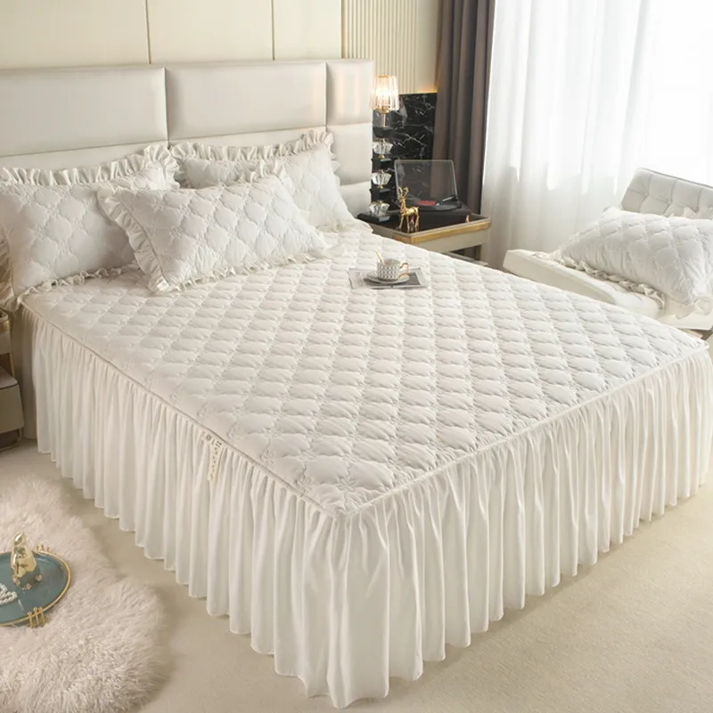 American Country Quilted Bed Skirt Solid Color Ruffled Ruffle Mattress Protector Pleated Bed  Cover Soft Home Bedding Decoration