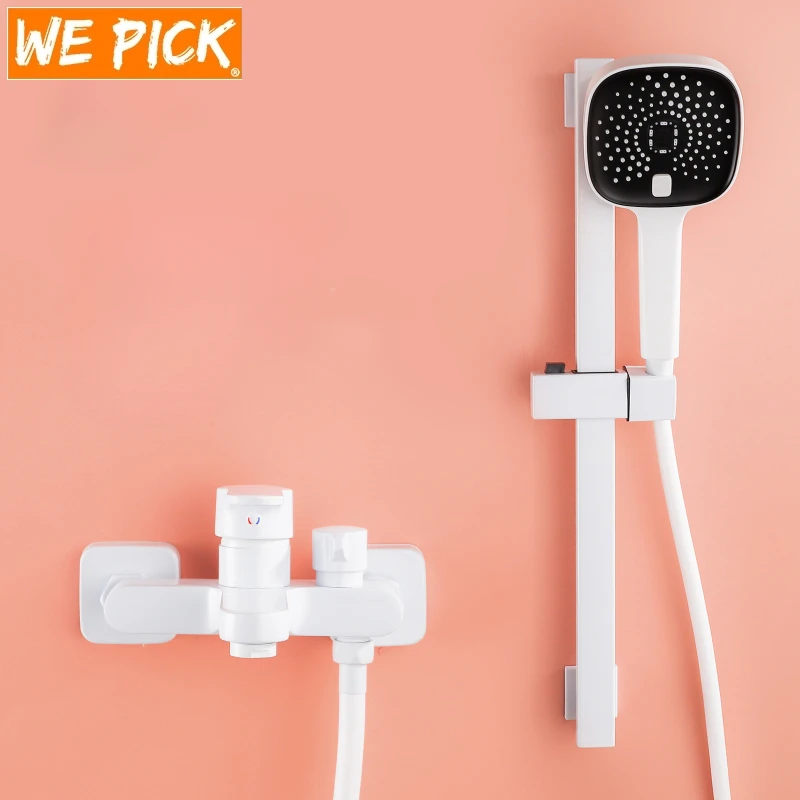 WEPICK Unique White Wall Mounted Shower Set Bathroom Faucet Cold & Hot Water Mixer Bathtub Faucet Water Tap with Handle Shower