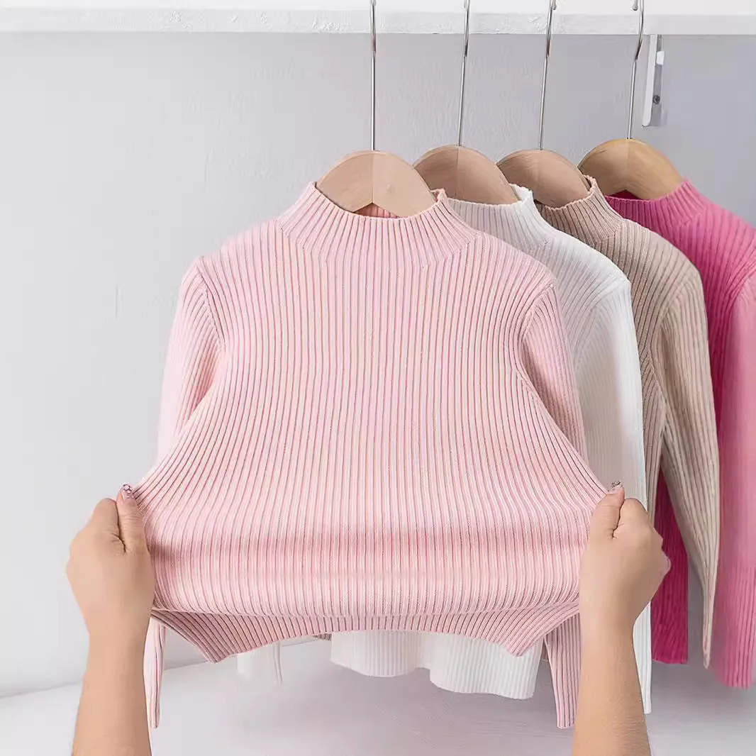 

Base Sweater Pullover Velvet Thick Tops Kids 2025 Autumn Winter New Warm Knitted Stylish Solid Color Versatile Korean Version