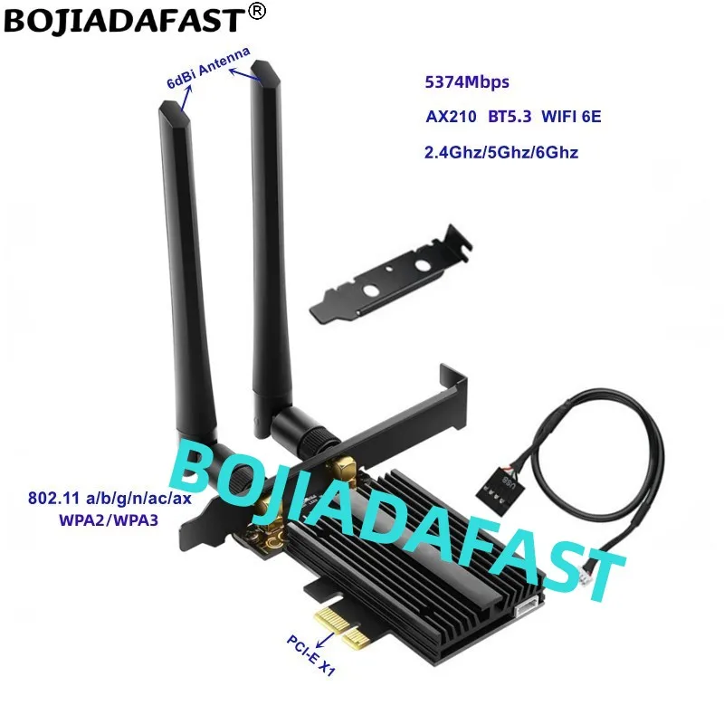 5374Mbps 2.4Ghz 5.8Ghz 6Ghz WiFi6E BT5.3 MU-MIMO Wifi Adapter Wireless PCI-E 1X Network Card 802.11ax 802.11ac AX210