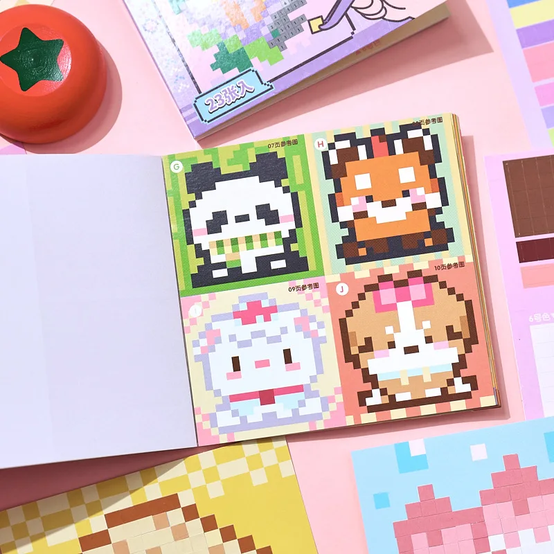 1book/23pcs Cartoon Pixel Mini Bean Book, Perler Bead Stickers Scrapbooking DIY Journal Stationery Supplies