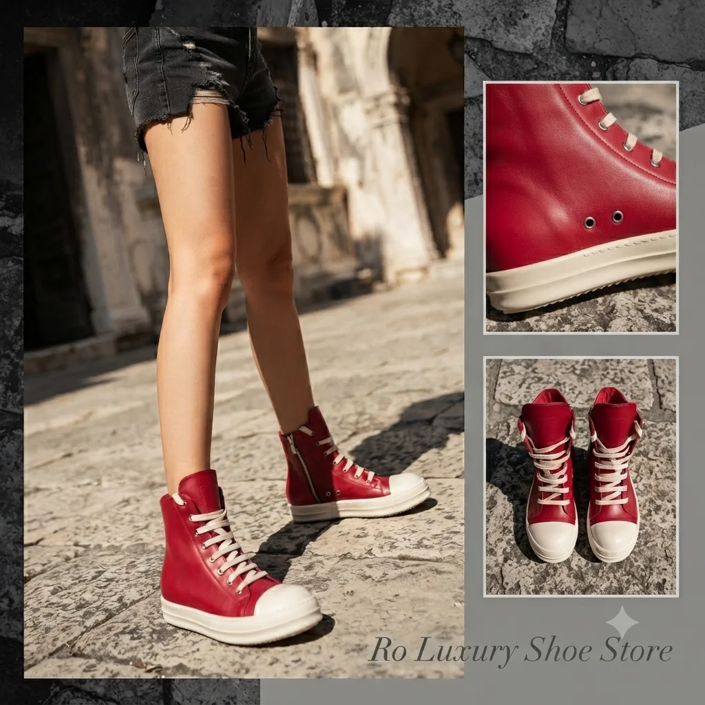 Brand Luxury Men Shoe High Top Women Sneaker Red Cow Leather Classic Quality Platform Trainer Breathable Street Flats