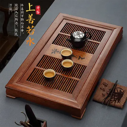 Black ebony tea tray solid wood Home rosewood tea table Simple water storage drainage Kung Fu teaware large rectangular tray