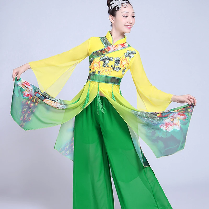Traje de baile de abanico clásico para adultos, ropa de danza folclórica Yangko elegante, ropa de práctica de rendimiento, vestido tradicional chino Yangge