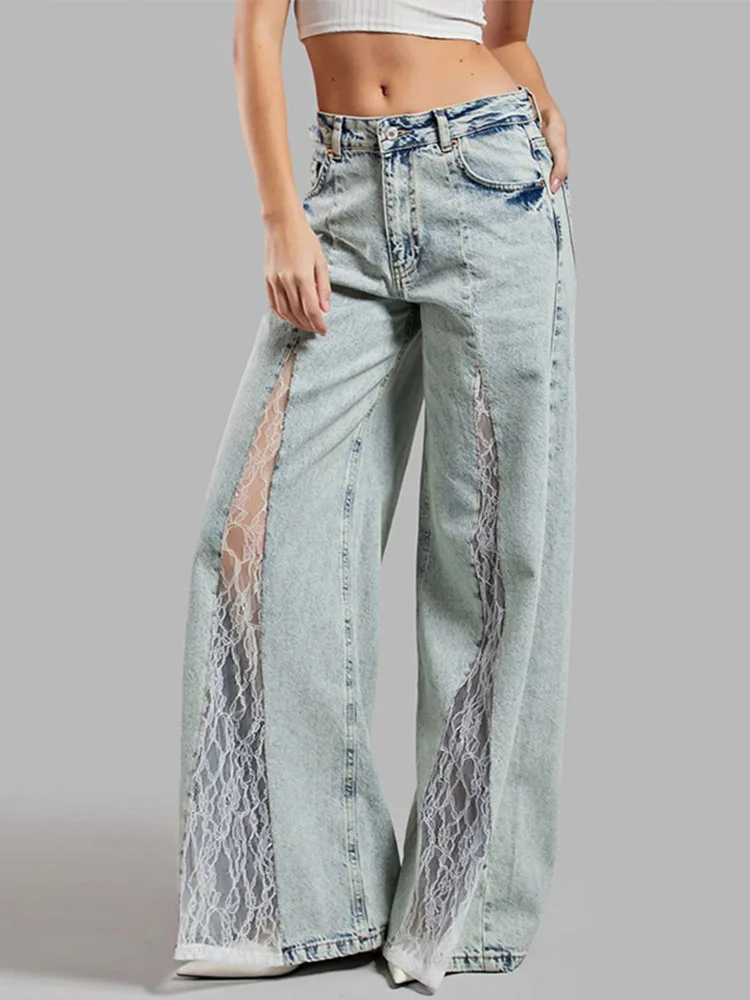 

Patchwork Lace Jeans Women Casual Loose Hollow Out See Through Wide Legs Trousers Female 2025 Spring New High Waist Streetwears