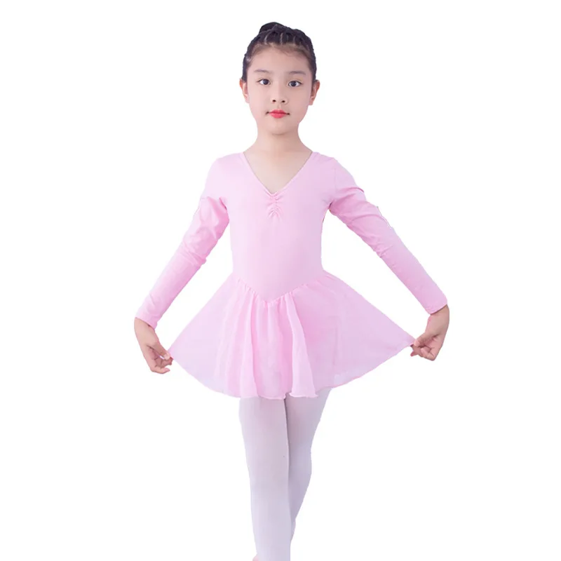 Vestido de baile chiffon para meninas, traje de dança sólido, roupas de treinamento infantis, roupas dançantes de manga comprida, bodysuit para performance, estilo 2