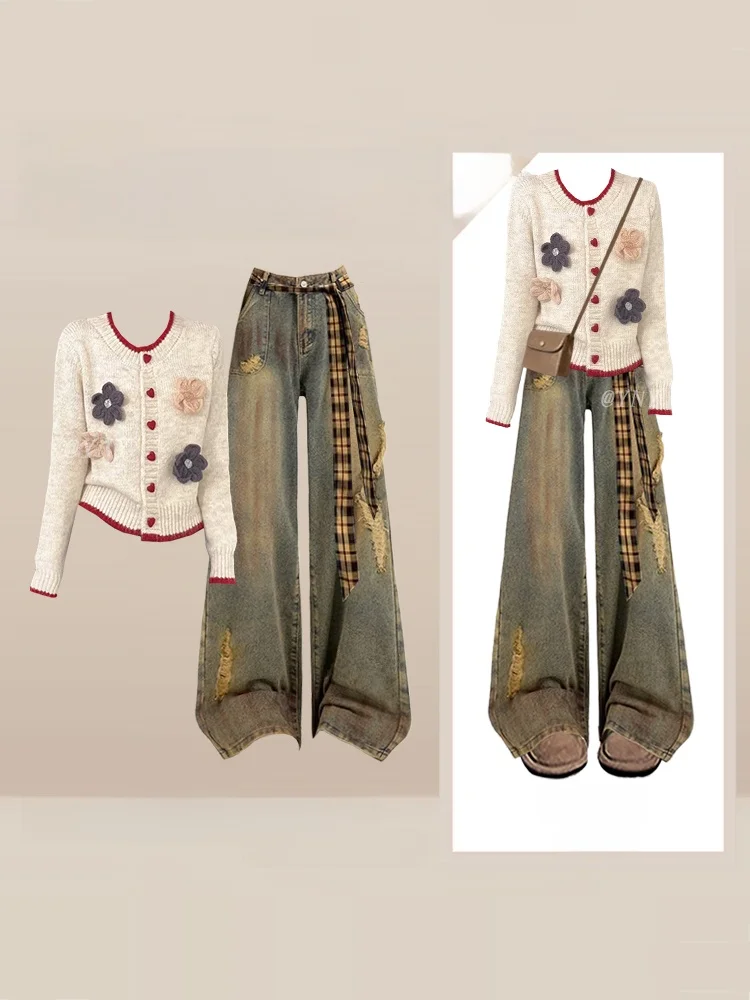 

Retro Floral Knitwear Set for Women Cool And Sli High Waist Jeans Color Blo Winter Faion Tee Piece Set High End Fee...