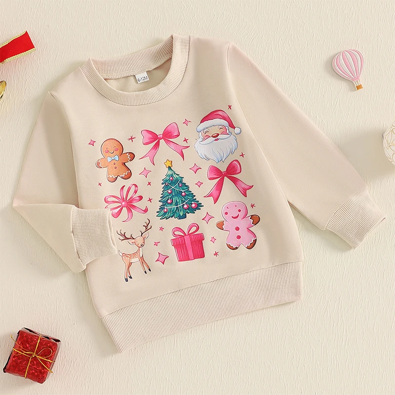 Kids Girls Sweatshirt Tops Long Sleeve Crew Neck Bow Print Pullovers Christmas Sweatershirts for 0-4 Years