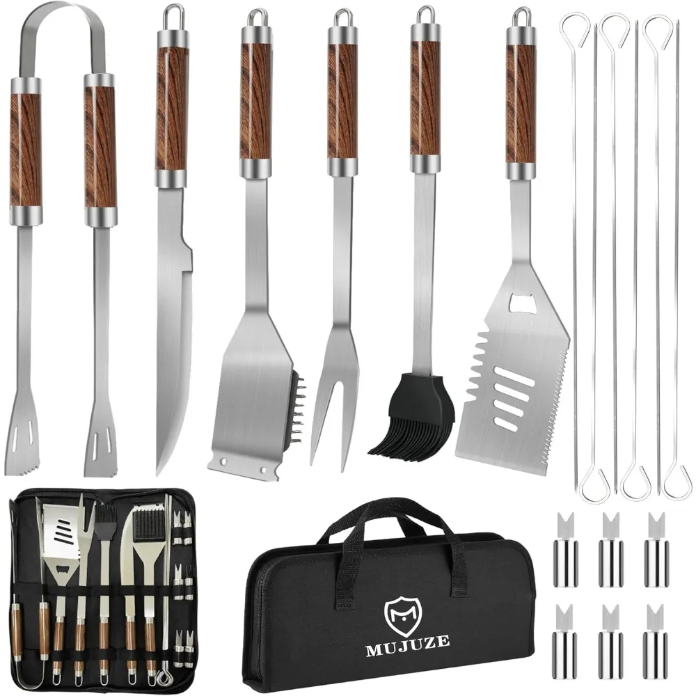 

MUJUZE 19pcs Grill Tools Set for Outdoor Grill,Woodgrain BBQ Grilling Accessories,Grill Utensils Set,Stainless Steel BBQ Tools f