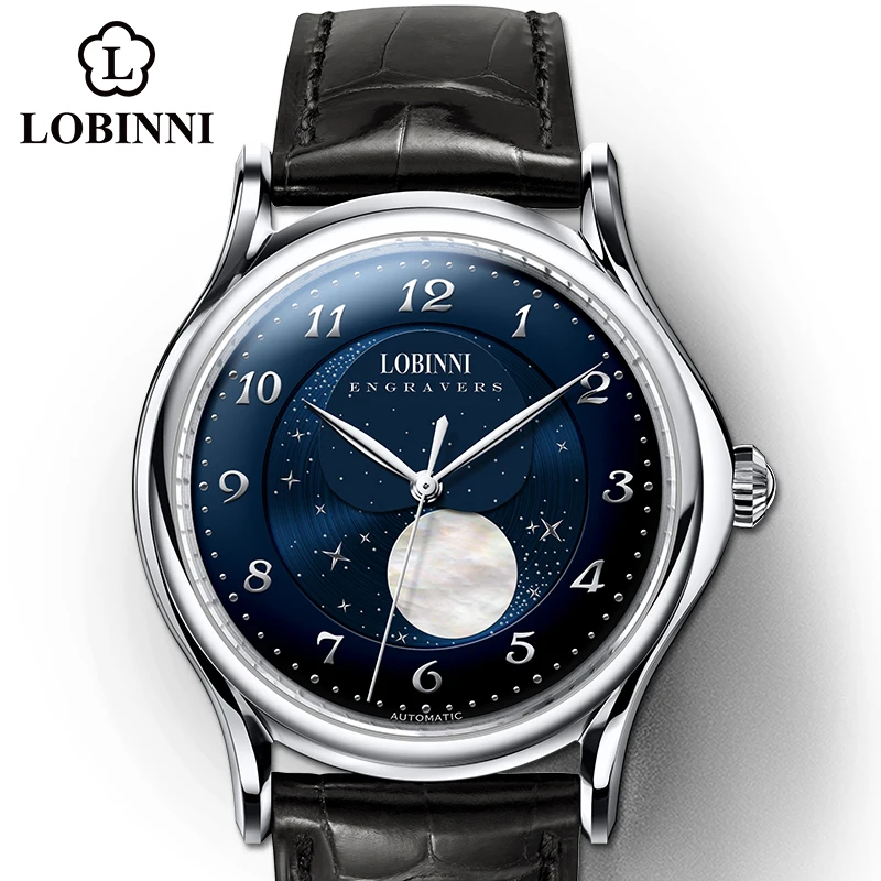 Relógio Mecânico Masculino Lobinni Top com Movimento MIYOTA 821A, Relógio Automático de Fases da Lua, Marca de Luxo Suíça