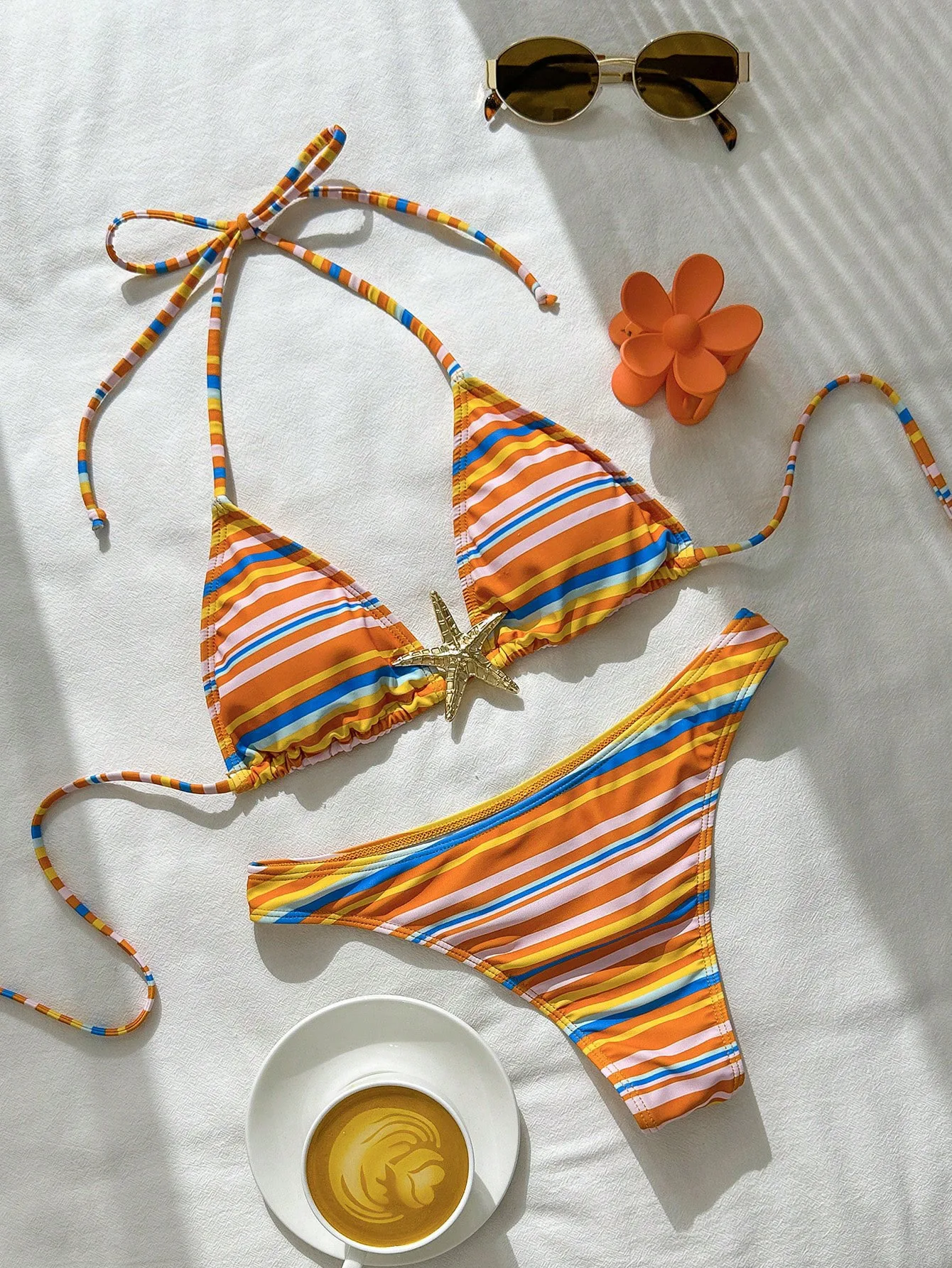 

sexy orange striped metal starfish bikinis sets two pieces halter back tie thong swimsuits bathing suit swimwear biquini tankini