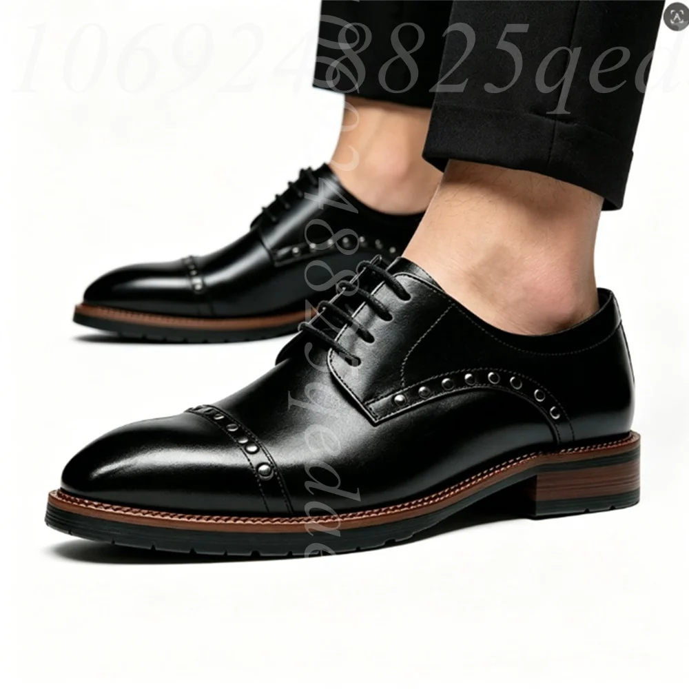 

Мужские матовые кожаные туфли-оксфорды с закрытым носком, на шнуровке, с металлическими заклепками, на массивном каблуке, для делового стиля, для джентльменов