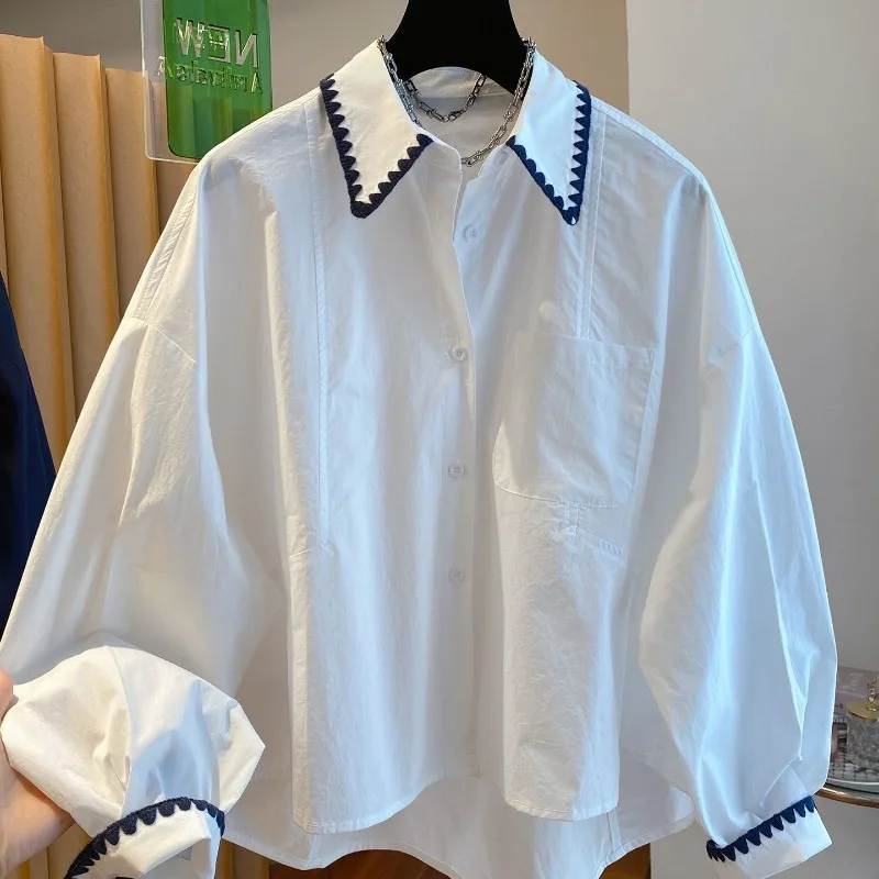 Autumn Loose Long-sleeved Shirt New 2025 Contrasting Color Lace Stitching Lapel Shirt Top
