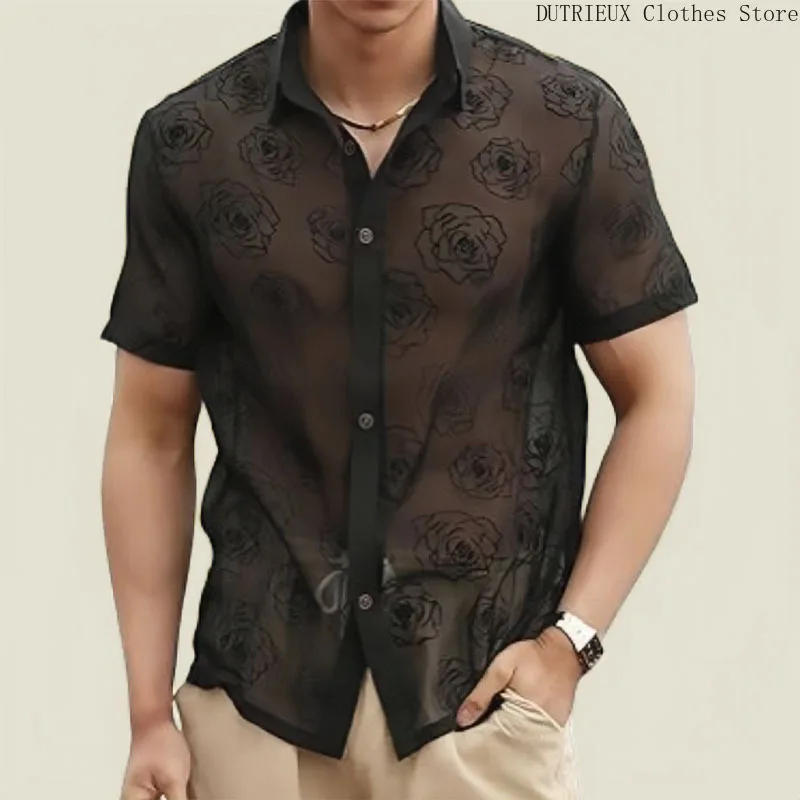 

Party Club Sexy Hollowed-out See-through Shirt Spring/Summer Fashion Lace Men's Short-sleeved Shirt Casual Street Men's Clothing
