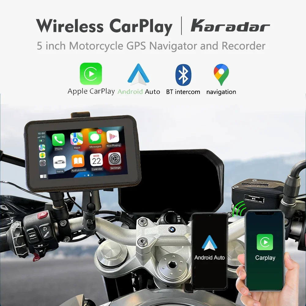 Karadar 5 Inch Motorcycle Navigation Carplay IPX7 Waterproof Driving Recorder with Wifi BT Dual Lens Motorbike Navigator MT5004