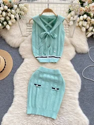 Summer Small Fragrant Knitted Two Piece Set For Women Hooded Crop Top Knitwear + Mini Skirt Suits Casual Sweater 2 Piece Outfits