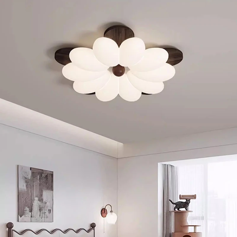 Chinese Style Bedroom Ceiling Lamps Solid Wood Walnut Color Petal Flower Lamp LED Boy Girl Bedroom Children's Room Ceiling Light