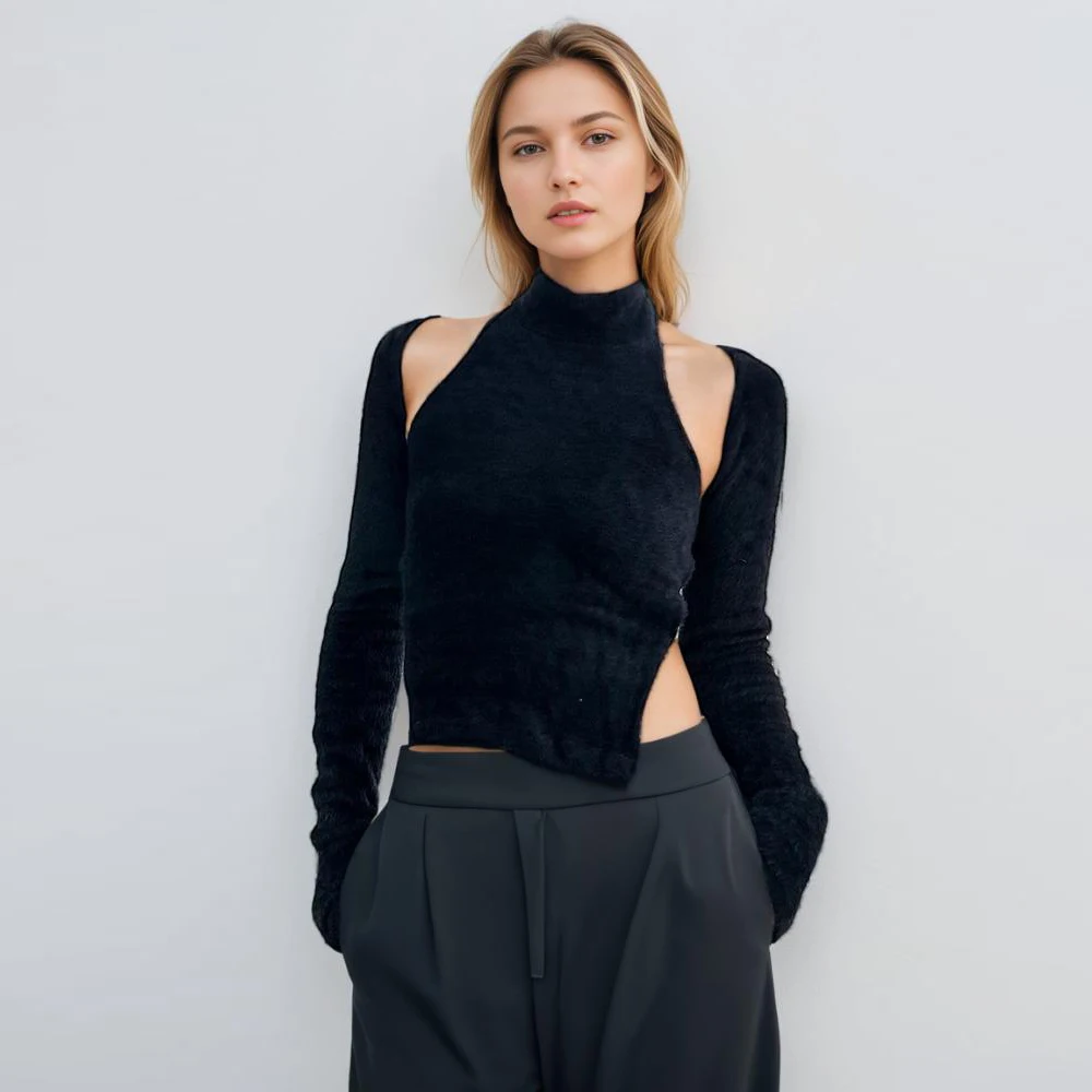 

Backless Two Piece Set Womens Turtleneck Long Sleeve Spliced Lace Up Vests Casual Knitting Solid Sets Female Clothes