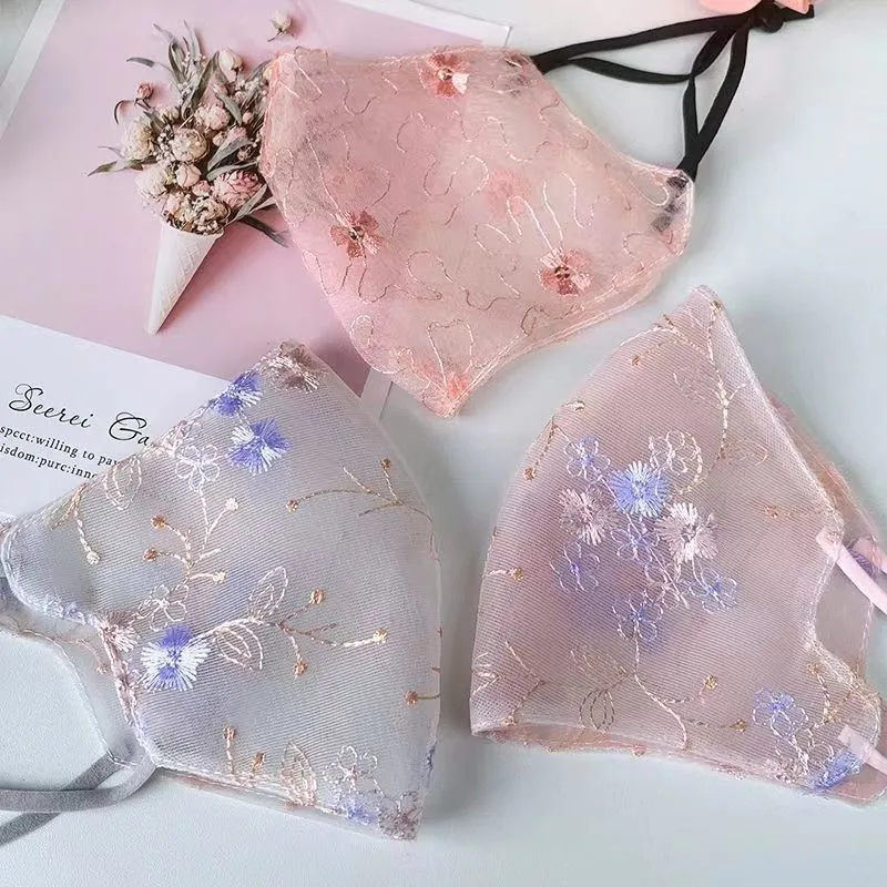 Embroidered Flower Face Mask, Adjustable Washable Breathable Modal Lace Printed Face Cover for Summer Daily Wear