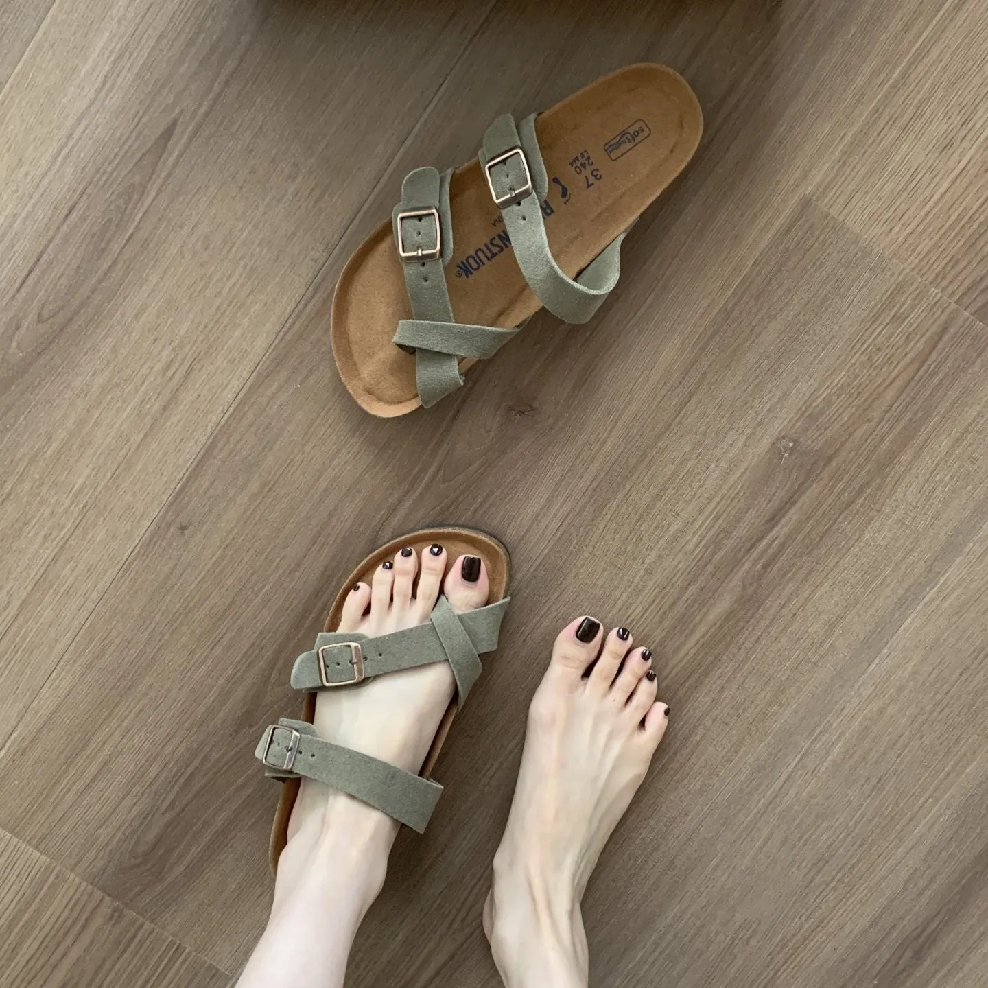 

Matte Cowhide Ins Shoes for Women, Non-slip Fashion Square Buckle Cork Double-strap Slippers for Summer