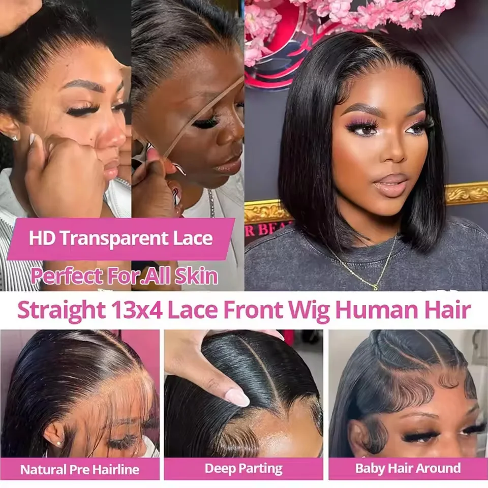 Bone Straight Bob Wig Human Hair 13x4 Lace Wigs HD Transparent Lace Human Hair 4x4 Short Wig Pre Plucked 200% Density For Women image 6