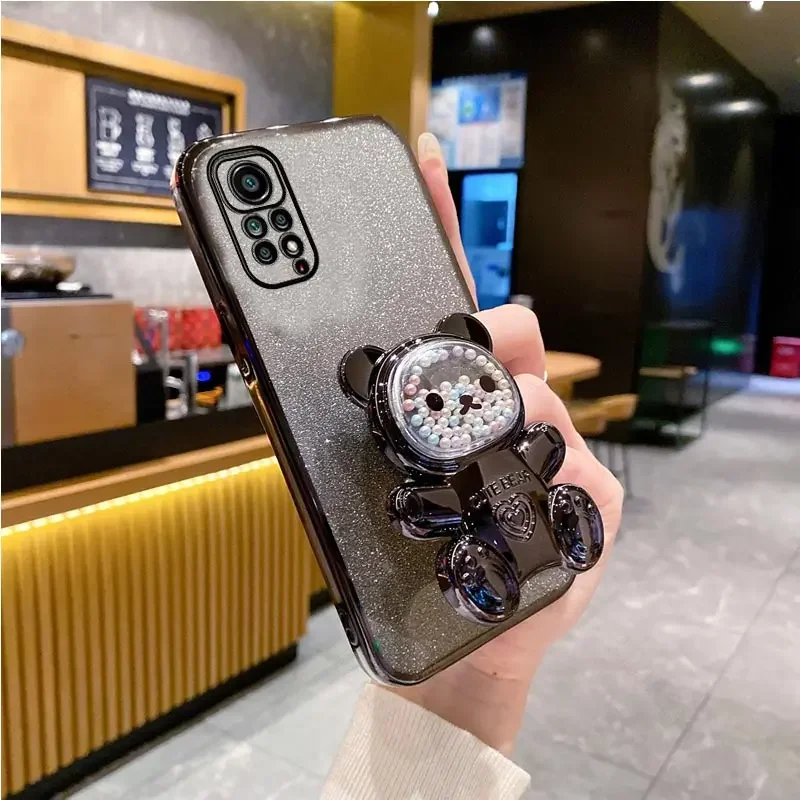 Redmi 13c 4G 5G Cute Bear Holder Bracket Glitter Plating Case On For Xiaomi Redmi 13c 9c 9 9a 10 10a 10c 12 12c 9at Stand Cover