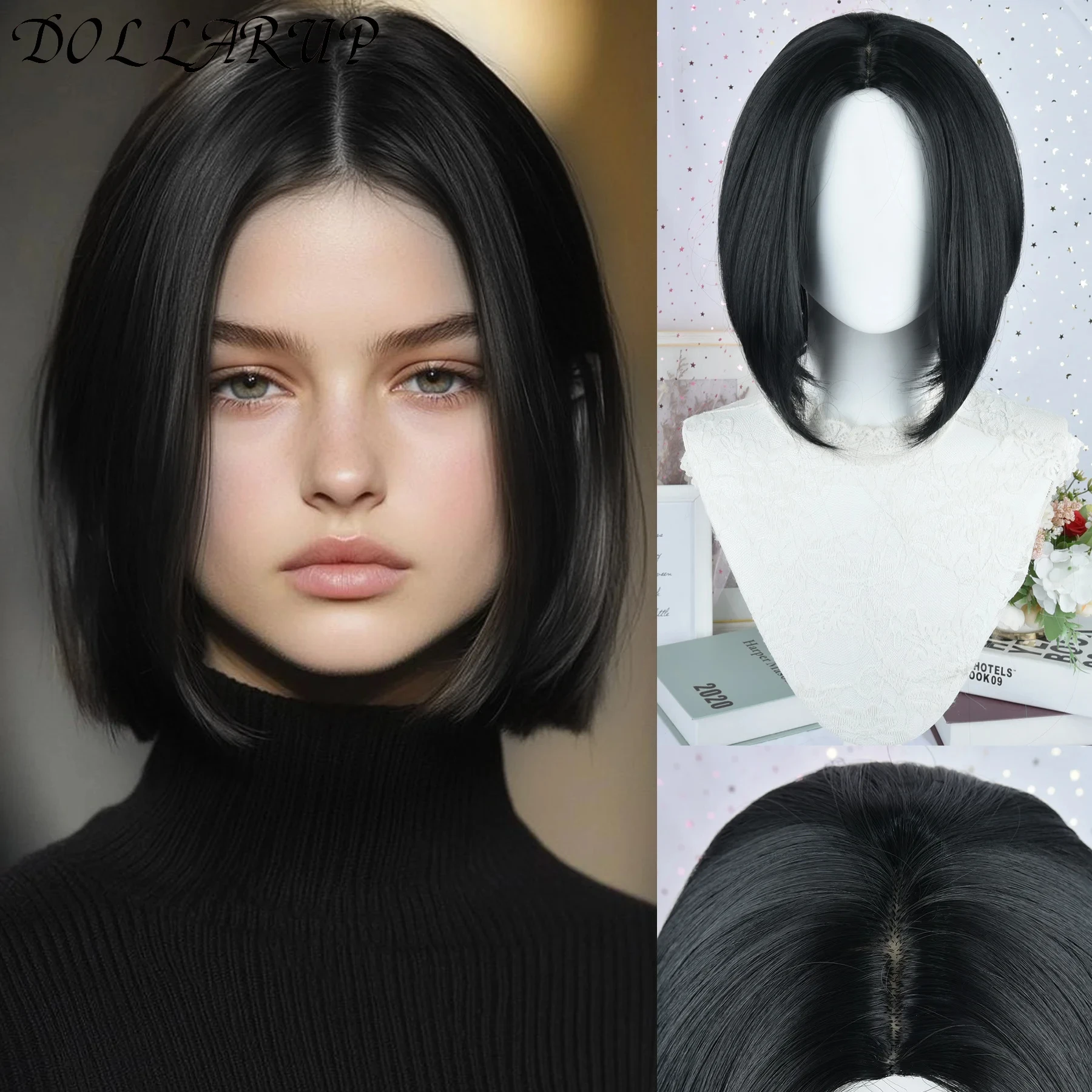 JKL بوب شعر مستعار اصطناعي أسود مع الانفجارات للنساء الأفرو قصير داكن مستقيم الباروكات تأثيري هالوين الشعر الطبيعي لوليتا مقاومة للحرارة #1